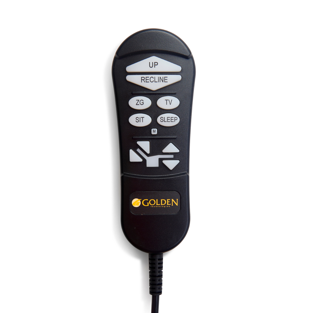 The Golden Technologies Lift Chair Remote Replacements is a black remote with white buttons for Power Lift Chair functions, featuring labeled controls for up, recline, ZG, TV, sit, and sleep, plus directional arrows. It has the Golden Technologies logo at the bottom and an attached cable at the base.